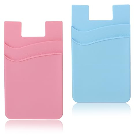 2Pcs Silicone Phone Wallet Stick On, Double Pocket Sticky Credit Card Holder for Back of Phone Case, Fits for ID, Business Cards & Credit Cards, Compatible with Most Smartphones (Sky Blue, Pink)