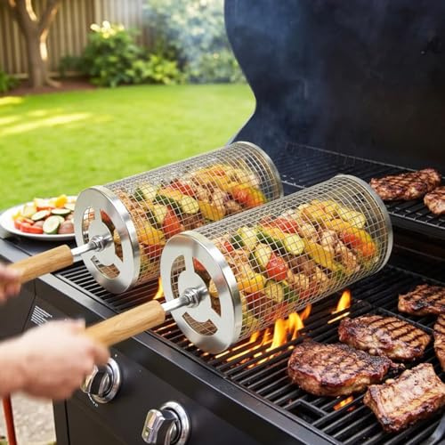 Autreykorn Grillkorb 2er Set Edelstahl 304, Geschenk, abnehmbarer Holzgriff | Grillzubehör für Gemüse Garnelen Pilze, Geschenk für Männer, Papa, Edelstahl 304, abnehmbarer Holzgriff, inkl. 2 Gabeln