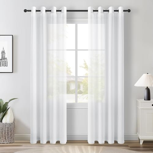 Topfinel Gardinen mit Ösen Transparente Weihnachten Vorhänge Wohnzimmer Vorhang Weiß Schlafzimmer Gardine Ösenvorhang 225 cm Lang Gardienen Schals 2er Set Sheer Curtains & Drapes Ösenschal 140 Breit