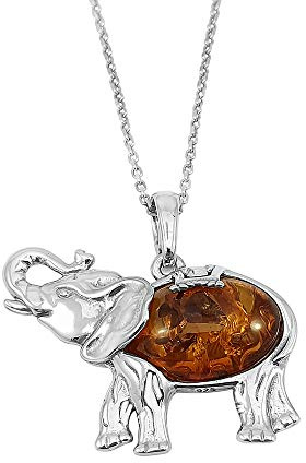Kiara Jewellery Collar con colgante de elefante grande de plata de ley 925 con incrustaciones de ámbar báltico marrón coñac en cadena de plata de ley de 45,7 cm.