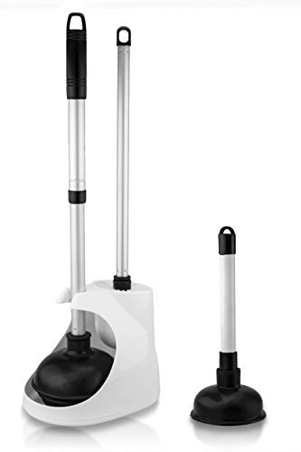 NEIKO 60168A WC-Saugglocken-Set, 4-teilig, Bonus Mini-Waschbecken und Abflusskolben, WC-Bürste und Behälter, patentiertes Allwinkel-Design, Teleskop-Aluminiumgriff, Badezimmer-WC-Bürste und Kolben-Set