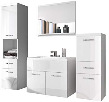 Mirjan24 Badmöbel Set Bella I mit Waschbecken und Siphon, Modernes Badezimmer, Komplett, Spiegel, Waschtisch, Hochschrank, Hängeschrank Möbel (Weiß/Weiß Hochglanz.)