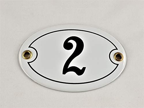 Emaille Hausnummer Schild Nr. 2, oval, Weiß-Schwarz Handarbeit