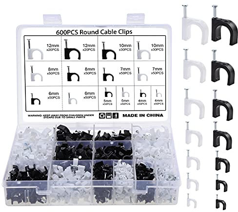 Fippy 600 Stücke Kabelschellen Nagelschellen 4mm 5mm 6mm 7mm 8mm 10mm 12mm Schwarz Weiß Kabel Nagel Befestigung Nagel für Netzwerkkabel mit tragbarer Box