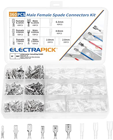 electrapick 360s Electrical Wire Connector Male Female Spade Connectors Wire Crimp Terminal Block with Insulating Sleeve Kit (2.8 mm 4.8 mm 6.3 mm)