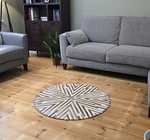 Runder Kuhfell Patchwork Teppich | Natur Premium Teppich | Vorleger Wohnzimmer | Designer Deko Teppich | Rindsleder Teppich Patchwork | Tapis Patchwork Rond en Peau de Vache
