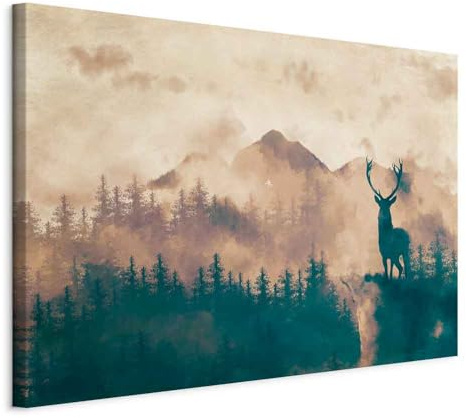 murando - Grand Tableau Mural Décoration Moderne Salon, Paysage, 120x80 cm | Clous Inclus, Impression sur Toile, Tableaux, Posters et Arts Décoratifs, Arbres Montagnes Cerf Forêt Brouillard Animaux