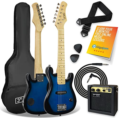 3rd Avenue Pack de guitarra eléctrica de tamaño 3/4 para niños principiantes de 3rd Avenue, amplificador portátil de 5 W, cable, funda de transporte, púas y correa, Azul
