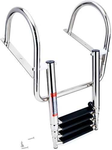 Mojiate 4-Step Stainless Steel Pontoon Boat Ladder - Foldable Telescoping Rear Entry Swim Deck Ladder with Wide Pedals & Handrails - Heavy Duty Marine Grade Stainless Steel
