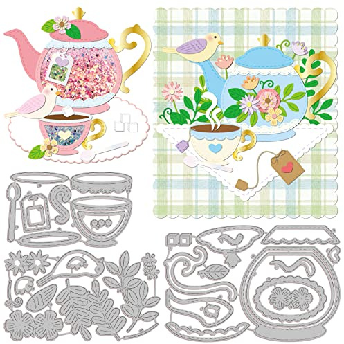 GLOBLELAND Teekanne Stanzformen für die Herstellung von Kartendekoration Vögel Nachmittagstee Blumen Blätter Stanzformen Schablonen für Scrapbooking Fotoalbum
