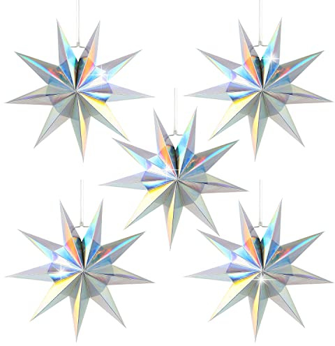 5Pack 9-Pointed Paper Star Lanterns 11.8 Inch Iridescent Hanging Paper Lampshade for Winter Wonderland, Christmas Holiday, Weddings, Frozen Birthday Party Celebration Decor