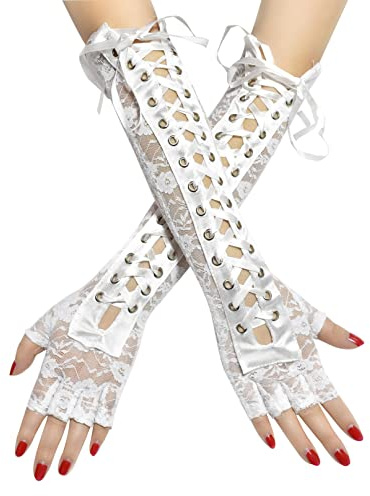 Guantes largos de encaje para mujer, guantes de medio dedo Lolita, guantes de malla sin dedos para bodas, ceremonias, fiestas, cosplay (Blanco)
