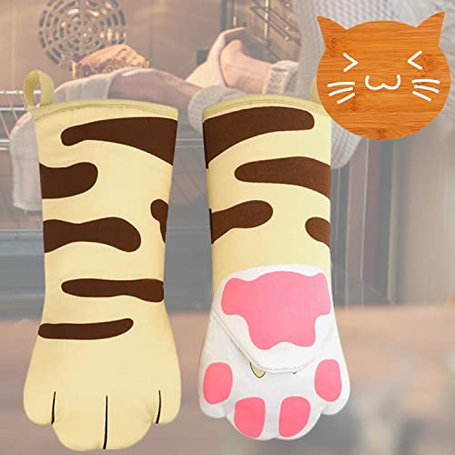 1 Paar Backhandschuhe bis zu 250 °C Hitzebeständige Ofenhandschuhe mit Kostenloser Katzen rutschfest Bambus Tischmatte Grillenhandschuhe BBQ Topfhandschuhe Topflappen Kochhandschuhe für Küche Backen