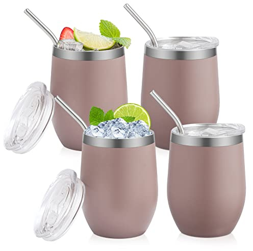 RHtvrll 4 Stück Weinbecher Edelstahl, 12 Oz/ 350ml Thermobecher Travel Mug mit Deckel und Strohhalm Kaffeebecher,Vakuumisolierter Tasse für Champagner, Kaffee, Weingläser aus Edelstahl