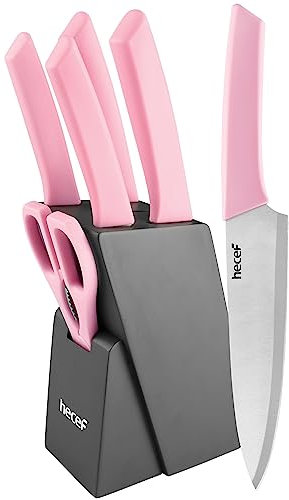 hecef Cuchillos Cocina, 7 Piezas Juego de Bloques Cuchillos Cocina con Hoja de Acero Inoxidable y Mango Ergonómico, Set de Cuchillos Cocina para Picar, Rebanar, Cortar en Dados y Cortar (Rosado)