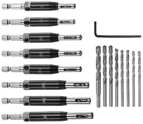 sourcing map 16pcs Self Centering Drill Bit Set 5/64 - 1/4 Door Hinge Drill Bit High Speed Steel Hex Shank Spring Loaded Woodworking Bits with Hex Key and Extra Replacement Drill Bits