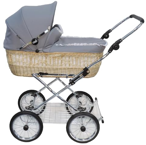 EICHHORN Kinderwagen Korbkinderwagen aus echter Weide, Korb Natur, Stoff Grau