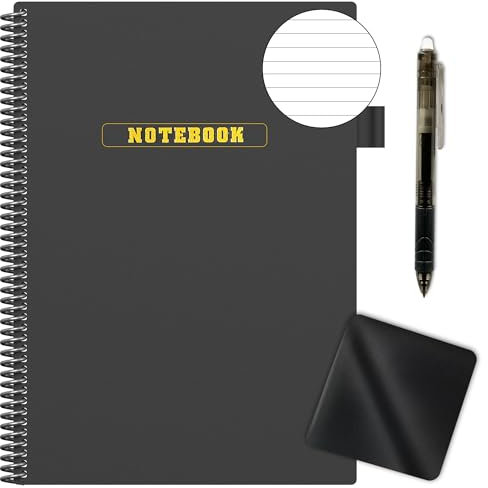 TZZRMO Wiederverwendbares Notizbuch, A4 Notizblock mit 1 Löschbarem Stift und 1 Mikrofasertuch, Nachhaltiger und Umweltfreundlicher Spiralblock, Executive A4 - Schwarz