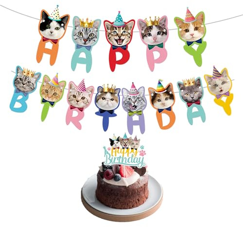 Huakaile Cat Birthday Decorations 2 Pcs, 1 Cat Happy Birthday Banner & 1 Kitty Cake Topper, Cute Kitten Face Cutouts Cats Themed Birthday Party Supplies for Cat Lovers