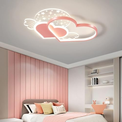 YiiNaio 45 cm rosa Herz dimmbar Deckenleuchte Cartoon Flügel Design Kinderlampe mit Fernbedienung Sternenhimmel Atmosphäre Kronleuchter für Mädchen Jungen Wohnzimmer Schlafzimmer Esszimmer Licht