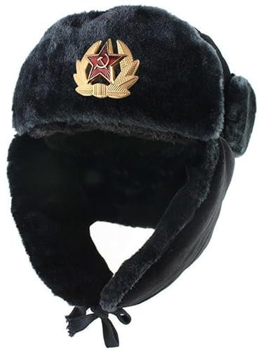 bomhys Russische Mütze Sowjetisches Militärabzeichen, Russische Uschanka-Bombermütze, Pilotenmütze, Künstliche Wintermütze Mit Fell-Ohrenschützern, Schneekappe, Stil 2, 55–62 cm