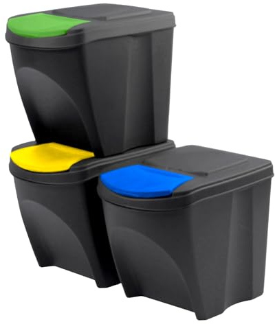 SortiBox - Juego de 3 cubos de basura para reciclaje, apilables, de plástico, 75 litros (3 x 25 L), color negro