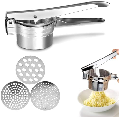 Stainless-Interchangeable-Potato Ricer Masher - Food Grade Stainless Steel Potato Ricer Press with 3 Interchangeable Discs for Mashed Potatoes, Puree, Fruit & Vegetables, Baby Food