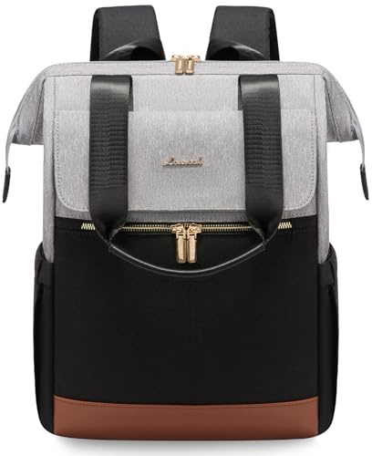 LOVEVOOK Rucksack Grau, Laptoprucksack Damen 15,6 Zoll, Rucksacktasche 2 in 1, Schulrucksack Mädchen mit Laptopfach, Modern Women Backpack, Arbeitstasche Lehrertasche für Schule Büro, Grau-Schwarz