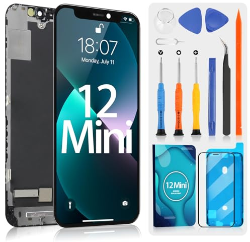 OLED LCD Display pour iPhone 12 Mini Écran de Rechange pour iPhone 12mini A2176 A2398 A2400 A2399 5,4 Pouces LCD Affichage Digitalizer Ecran Tactile Assemblée Complète avec Outils, Noir