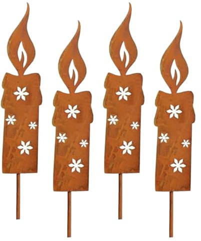 HERZONE 4pcs Rostoptik Steckkerzen Kerze Weihnachtsdeko Rost Metall wetterfest