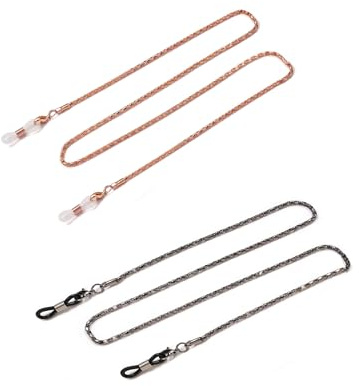Meiyea 2 x Brillenketten aus Metall, Sonnenbrillenkette mit rutschfestem Verschluss, Schwarz-Roségold, One size