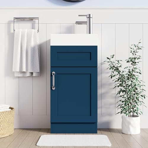 BELOFAY 400mm Floor Standing Bathroom Vanity Unit With Basin - Slim Waterproof Laquered Cloakroom Vanity Unit with 1 Tap Hole Ceramic Basin & Waste | Reversible Tap Fitting (Crawley Blue)