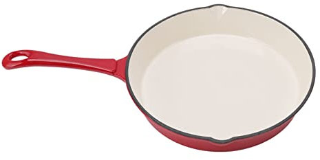 Sartén de Hierro Fundido Esmaltado, Largo Rojo de 25 Cm de Diámetro, Diseño de Pico Vertedor, Resistente Al Desgaste, Perfecta para Diversas Técnicas de Cocción, Tipo de