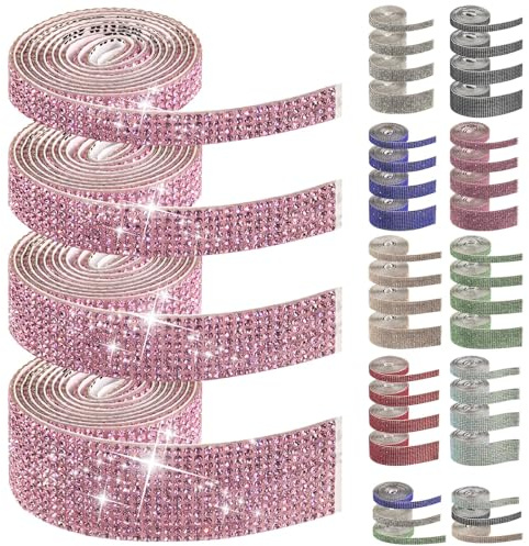 Swpeet 4 Rollos 4 Tamaños Tiras de Cintas Autoadhesivas de Diamantes de Imitación Rosas, Pegatinas de Cintas de Diamantes de Imitación de Cristal Brillante, Cinta Envolvente de Diamantes de Imitación