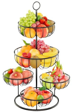 Cestino per Frutta a 5 Ripiani, Ciotola per Frutta da Tavolo, Cestino per Il Pane, Cesto Porta Verdura da Cucina, Cestino Filo Metallico Nero per Cibo, Frutta, Verdura, Pane