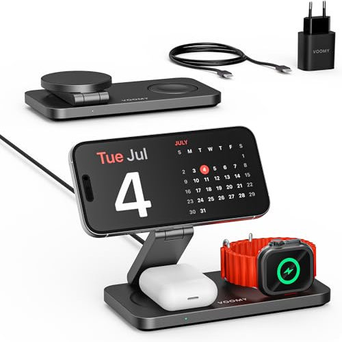 Voomy Carga inalámbrica 3 en 1 MagSafe – Estación de Carga para iPhone, Apple Watch y AirPods – 15W, diseño Plegable, con USB-C y Adaptador – Compatible con MagSafe y Qi