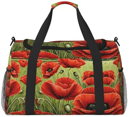 Damen-Sporttasche mit schönem roten Mohnblumen-Druck, Sporttasche mit Fach, Seesack für Herren, Damen, Handgepäck, Wochenend-Reisehandtasche für Damen, Schwarz , Einheitsgröße