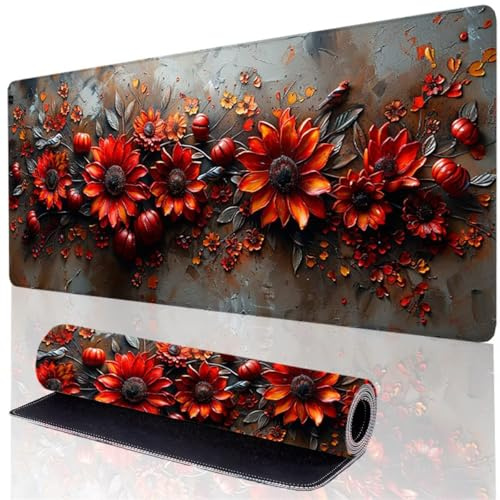Red Mouse Pad XXL 600x300x3mm, Flower Mouse Mat Gaming, Large Desk Pad with Waterproof Anti-Slip Rubber Base, Stitched Edges Keyboard Mat for PC Office desk Accessories, Laptop, Gifts for Men 45-W