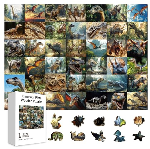 GLOBLELAND 300Pcs 42 Dinosaurs Atlas Wooden Jigsaw Puzzles for Adult 11.22x15.16inch Colorful Jurassic Dinosaur Plate Wood Puzzles for Aldult Christmas Halloween Birthday