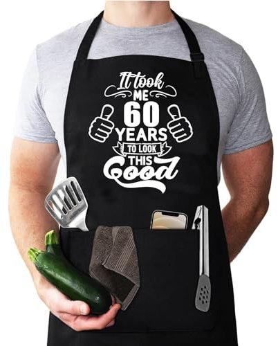 Qoibraze 60th Birthday Gifts for Men Women, Funny BBQ Apron, It Took Me 60 Years to Look This Good, Adjustable Cotton Cooking Apron with 2 Pockets, One Size