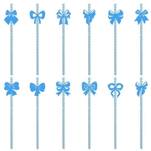 24pcs Paper Drinking Straws Disposable Bow Decorative Cocktail Drinking Straws,Bow Theme Birthday Party Bridal Engagement Drinkware Coquette Cute Party Supplies (Blue)