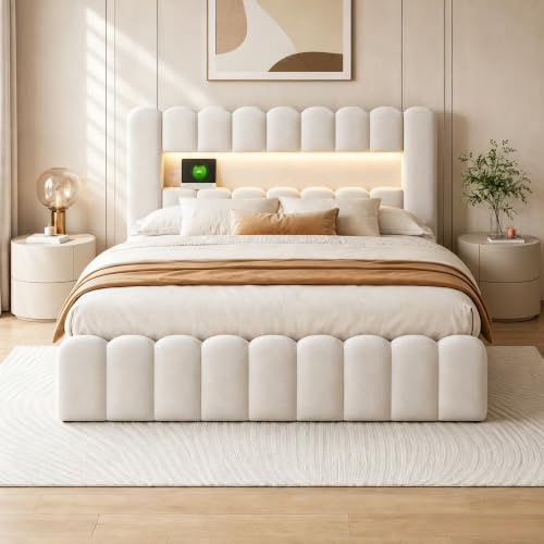YGHQAP Polsterbett Bubble Bett 180x200cm, Doppelbett mit LED und USB-Ladefunktion, Hydraulisch Stauraumbett mit Eicher Rückenlehne Jugendbett, Leinen, ohne Matratze, Beige