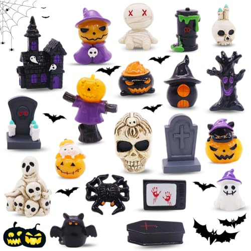 SYTTNUM Mini Figuras de Halloween,Miniatura de Halloween miniaturas,Cabezas de Calavera de Terror, Escena de Lápida de Cuervos, Accesorios de Micro Paisaje Mesas y Macetas-20pcs