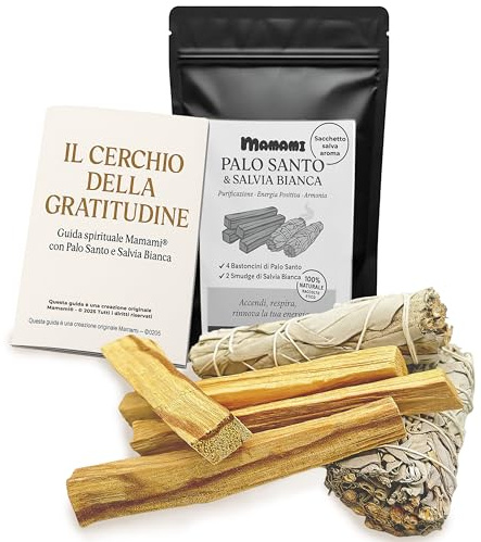 MAMAMI - Salvia Bianca da Bruciare – Palo Santo Purificazione: 2 Smudge + 4 Stick | Incenso Naturale con Guida Spirituale Inclusa | Palo Santo e Salvia Bianca | Confezione Salva Aroma