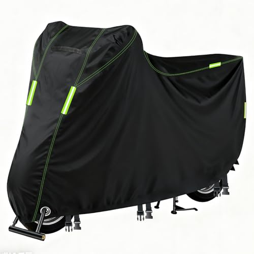 LUSCHEER Heavy Duty Waterproof Motorcycle Cover, Outdoor Universal Motorbike Cover with Lock Holes, Reflective Strips & Storage Bag, UV Rain Dust Resistant