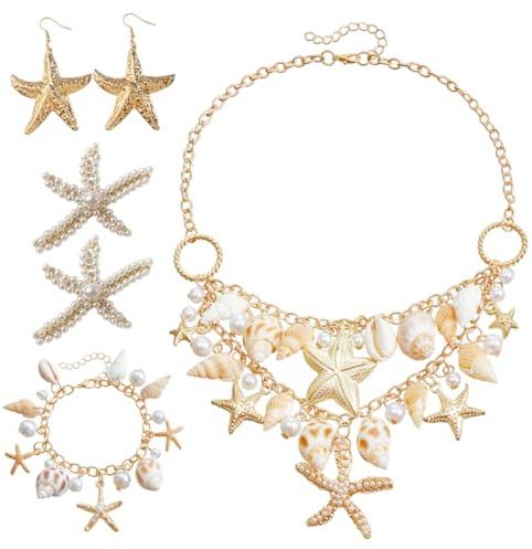 YUVKIN Frauen Meerjungfrau Kostüm Schmuck Set, Meerjungfrau Kostüm Zubehör, Seestern Muschel Halskette, Armband, Perlen, Seestern Haarspange, Ohrringe, Strandschmuck für Karneval