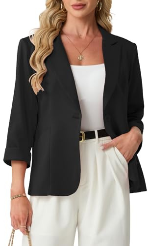 GRECERELLE Womens Blazers Suit 3/4 Sleeves Office,Work Ladies Jackets | Elegant，Work Blazer ，Open Front , Causal，Peaked Lapel，Buttons and Pockets