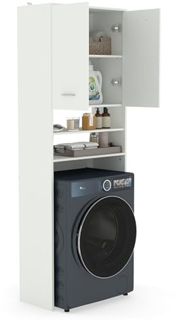 Amveya Waschmaschinenschrank mit Türen 64×30×179.5cm Waschmaschinenregal Bathroom Cabinet Badschrank Hochschrank Regal über Waschmaschine Weiß