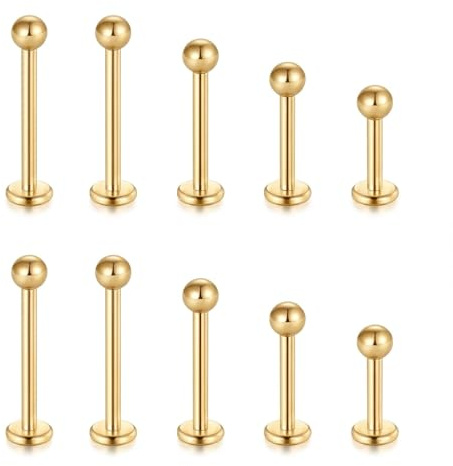 CIZME Labret Piercing 16G 1.2mm Chirurgenstahl Lippenpiercing Flatback Ohr | 10er Set Ohrstecker 6mm 8mm 10mm 12mm 14mm Kugel Tragus Helix Conch Schmuck Silber Gold Bunt Piercings Stecker Ashley