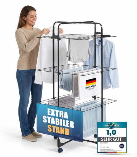 STAHLMANN® Wäscheständer Turm [30 m Trockenfläche] 3 Etagen schwarz | Mit Rollen | Wäscheständer Schwarz | Wäscheständer platzsparend | klappbar | platzsparendes Design